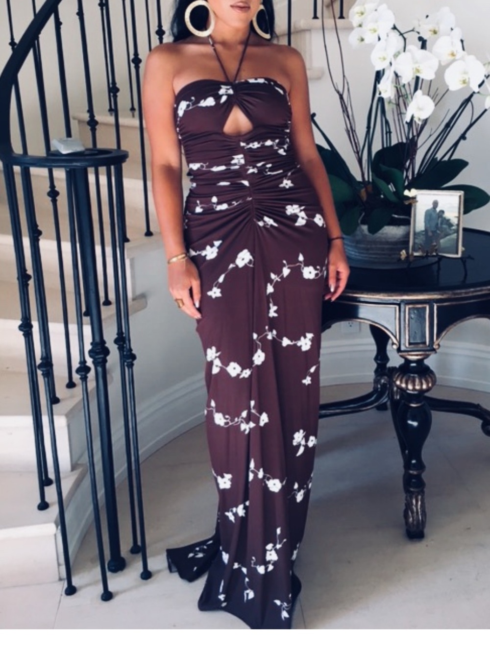 Michael Kors Collection Brown Strapless Maxi Dress with White Floral Print
